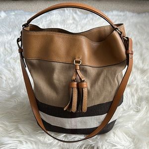Burberry Ashby Tassel Medium Brown Canvas and Calfskin Leather Hobo Bag